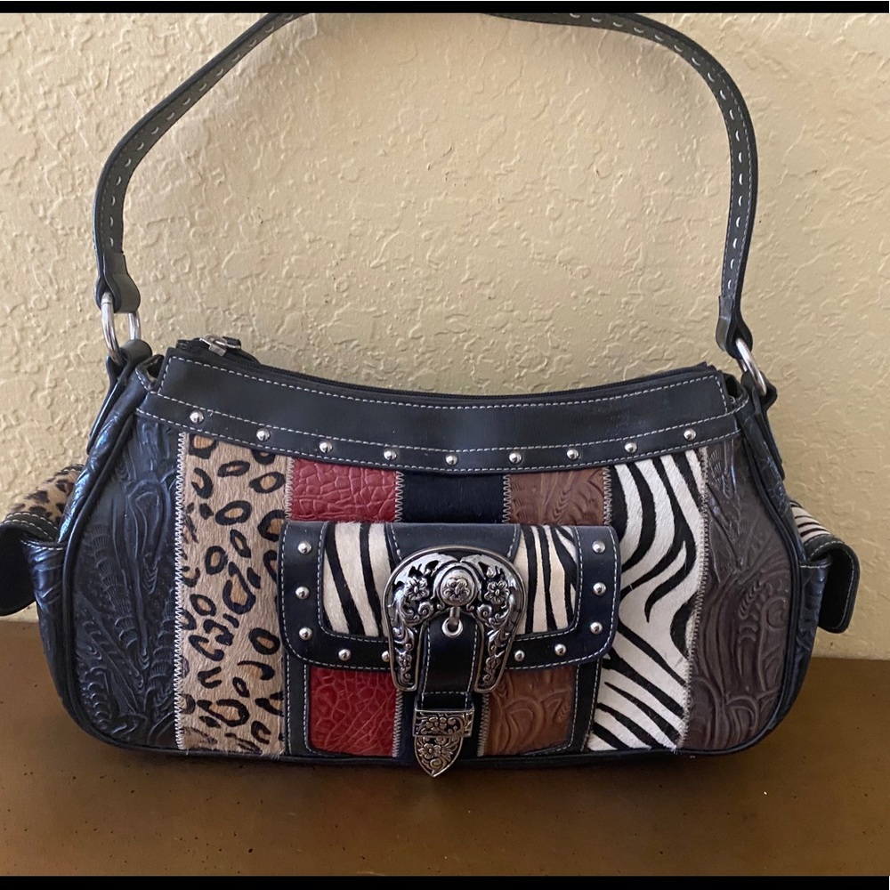 Western Leather Bag Real Animal Hide Silver Buckle